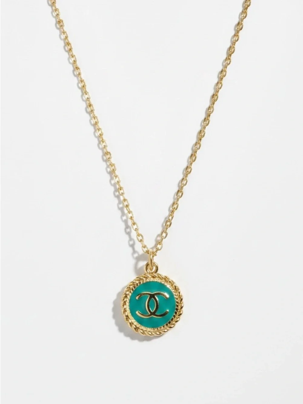 Authentic CHANEL Gold Turquoise Enamel Logo Necklace Pendant - Picture 2 of 11